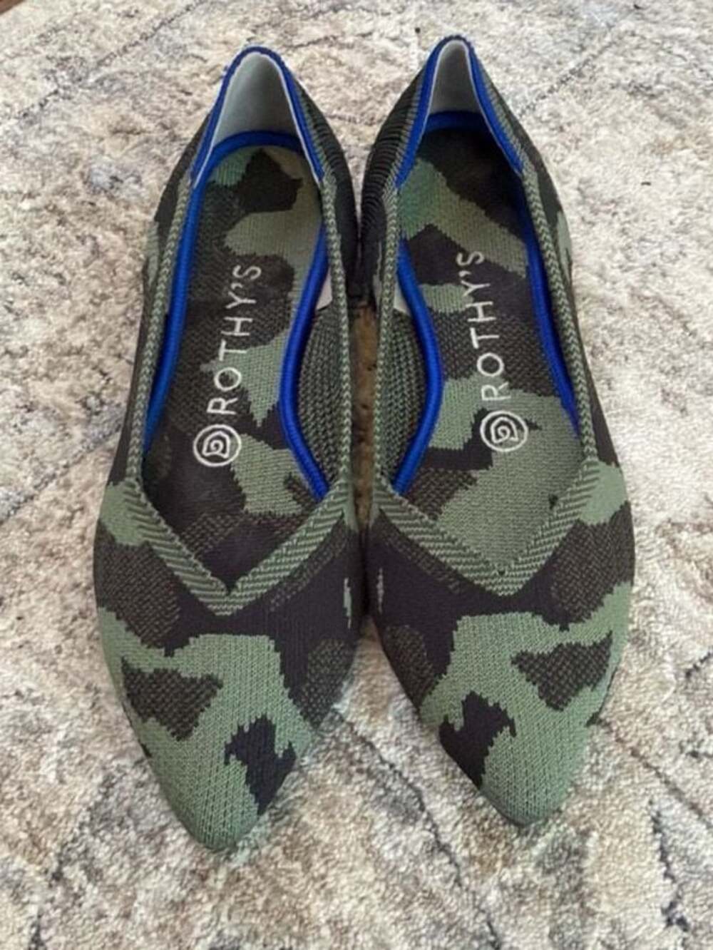 Rothy's Camouflage Knit Pointed Flats in Green and Black